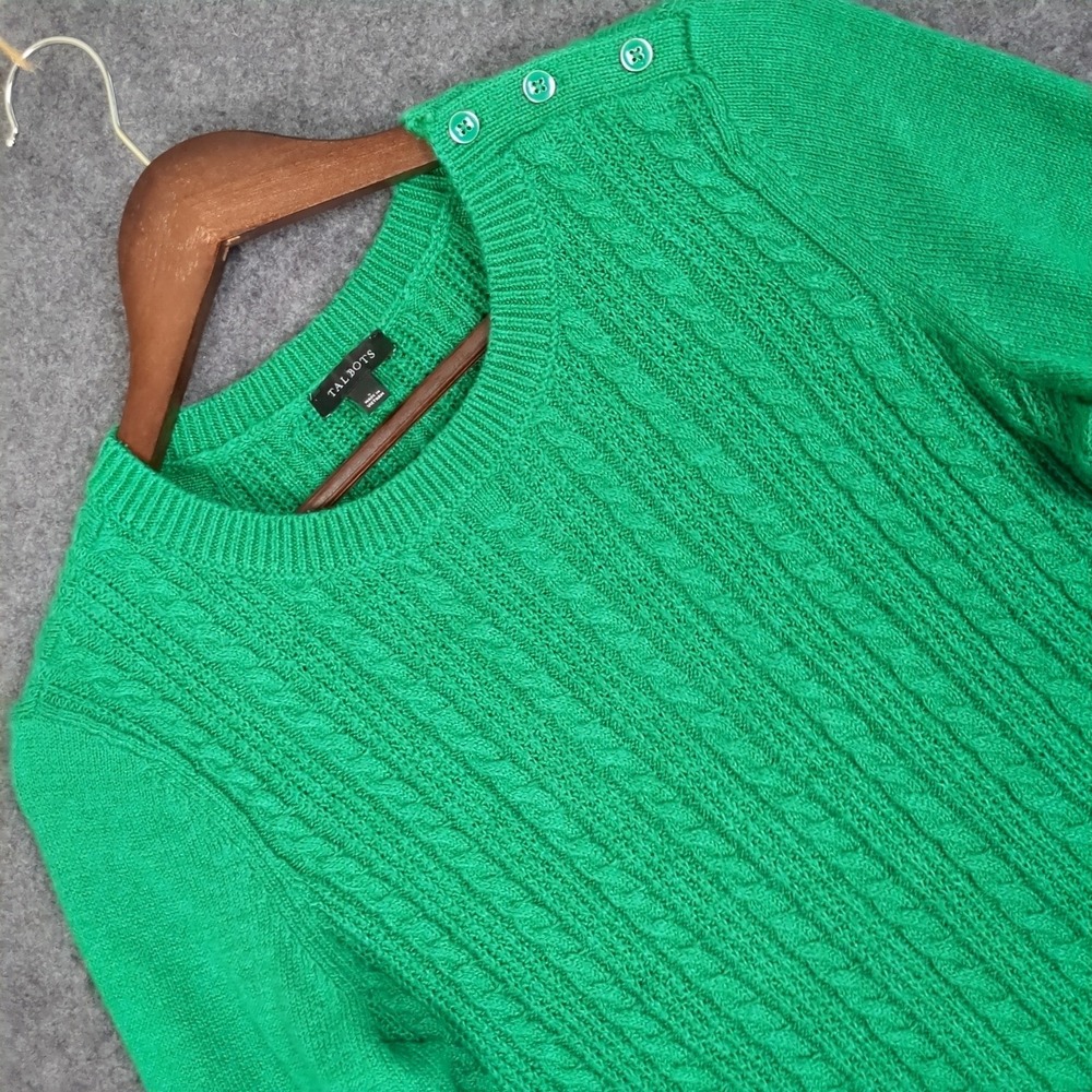 Talbots Womens Green Cable Knit Sweater Button Shoulder Crew Neck Small